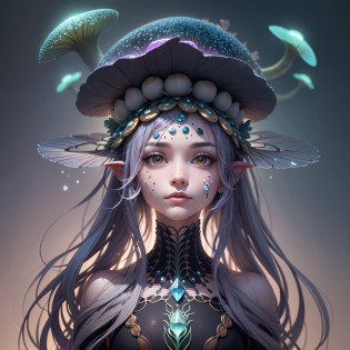 Generate images of creatures with humanoid body structures, But mainly composed of fungal elements. Its head resembles a big head, Dome-shaped crystal spring flower mushroom cap, fanciful, Colorful, Decorated with a luminous speckled pattern. Its arms are long, Flexible tendrils sprout from the shoulders, Able to be as vertical as a human hand. And not legs, It has a single, Thick, The stem is rooted in the ground. Its face is a small cluster, Bioluminescent spheres embedded in the bottom of the lid, Arranged in a way reminiscent of human facial features. photo-realism, ultra�-�detailed, 4K, A high resolution