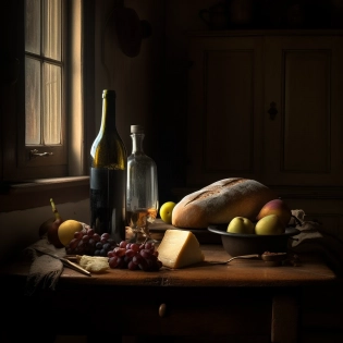 A still live some large fruit and bread an empty wine bottle and some cheese on a very old kitchen table with super soft light painted like a Rembrandt