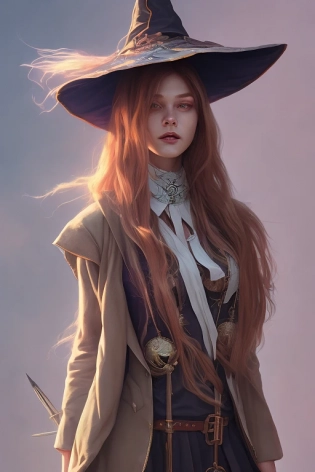 rugged girl witch wearing magic school uniform, large wide - brimmed witch hat, cinematic, elaborate, elegant, masterpiece, illustration, digital painting, concept art, trending on artstation, pixiv, art by ruan jia and hong soonsang and wlop and artgerm and greg rutkowski and alphonse mucha