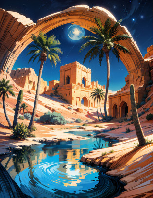 painting of a desert with a beautiful oasis, beautiful art uhd 4 k, starry night,moon, clouds,a beautiful artwork illustration, beautiful digital painting, highly detailed digital painting, beautiful digital artwork, desert,arabian desert , desert oasis, detailed painting 4 k, very detailed digital painting, rich picturesque colors, gorgeous digital painting