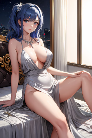 ((masterpiece, best quality)),
st. louis \(luxurious wheels\) \(azur lane\), highres, highest quallity, illustration, cinematic light, ultra detailed, detailed face, (detailed eyes), best quality, hyper detailed, masterpiece, (detailed face), large breasts, hair ornament, earrings, necklace, portrait, silver dress, revealing clothes,highest details, luminous eyes, (hotel:1.2), sitting in bed, sitting, bed, window, night sky, backlighting, light rays, (high contrast), (colorful),