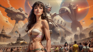 arafed image of a woman in a bikini top standing in front of a large group of people, vintage sci - fi art, youtube thumbnail, heavy metal the movie, star child, by Jason A. Engle, psychedelia, protagonist in foreground, planet of the cats, key art, stephen hickman, 70s progressive rock logo, betty page fringe --auto --s2