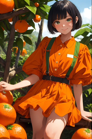 Masterpiece, best quality, 1 girl, very pretty girls at 18 years old, smile, working in the mandarin orange field on the hill, wearing orange dress of mini skirt, black hair, bob hair, mandarin oranges are uniform in size, wearing orange cup, the size of mandarin oranges is uniform with a diameter of 10 cm, perfect anatomy