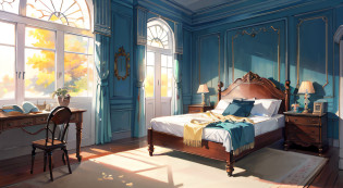 Realistic early morning lighting, Bedroom scene?carpets?Luxury bed?Study desk?The bedroom has light from the window? morning lighting, the morning sun, illusory engine ;Sunshine in the early morning hours, morning lighting,In the daytime?Morning?Well-lit room?