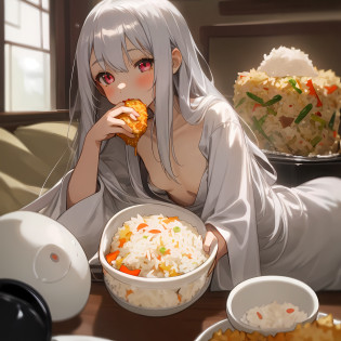 1 girl, eating, loungewear, solo, 1 fried rice, long silver hair, odd eyes, small breasts, beautiful girl