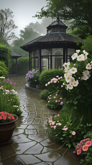 raining day?There is a path to the house?The path is full of water?It's drizzling?Flowers in front, Beautiful garden, Misty Garden, quiet and serene atmosphere, flowers garden, beautiful ancient garden behind, Garden background, Garden landscape, Realistic garden, flowers rain everywhere, lush garden in the background, beautiful house on a forest path, soothing and cozy landscape,