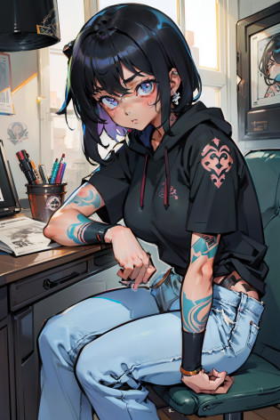 masterpiece, best quality, high detailed, concept art, (anime:0.55), (nsfw:0.25), sitting in chair, tattoo artist, tattooing, sitting down tattooing someone, short black hair, pretty eyes, plain clothes, normal clothing, cowboy shot, pretty, very pretty, beautiful lighting, pretty girl, big breasts, thick thighs, tiny waist, white, asian, Caucasian, light skin, bent over, deep in thought, dynamic angle, perspective, head down in thought, focusing on drawing, focused on tattoo, pants, jeans, shirt, hoodie, holding pencil, holding tattoo gun