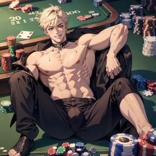 Big Tall muscle boy , chocker , big bulge , viewed from below, sweaty , big boobs , money , coins , cards , shadow , casino , lying on back , billiards , naked , seductive, grinning , spread legs , grinning , gambling , spread legs , crazly smile , blone hair , tounge stick out , tan skin