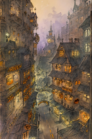 One-person viewpoint?Beautiful futuristic Halloween color shopping street packed with 3D, 2D and steampunk elements?Dreamy views of steampunk tower architecture and magical elements?Vivid HD Animation Halloween Color Shopping Street?Animated landscape concept art?Gorgeous Golden Steampunk Shopping Street?Steampunk Halloween-colored shopping streets and anime-style fantasy artwork