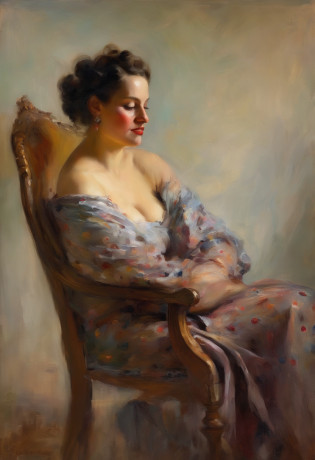 A painting of a woman with Gigantic saggy breasts, Milk breasts, for milking, Huge nipples,  sitting by open window witha bird purched on the ledge, clay interior walls, her eyes closed, perfect arms and hands, elegant in nature, beautiful backlighting on hair, full lips, wavy hair, up-do, her elbow leaning on arm of chair, {{Antique rosewood armchair / Georgian button back chair}}, with her hand resting under her chin, smiling about the events of the day, wearing a beautiful polka dots dress, with exposed cleavage, {{nudity}} breasts exposed and hanging out, {{1 breast out leaking milk from nipple}}, ((golden ratio}} sleepy after a long day, a sensual painting, a Beautiful expressive painting, Wadim Kashin. Ultra photo realism, Louise Ross, digital painting art, Perceptual digital painting, Stylish digital painting, Bonito painting, glossy digital painting, beautiful digital painting, digital art painting, Fine paintings, thick strokes, pallette knife, impasto, Albrecht D�rer, Rembrandt, baroque art, alla prima, sfumato, chiaroscuro, intense light, {{catchlight}}