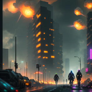 (extremely realistic cyberpunk city street, best quality),(hazy, smoky,with neon lights),(nuclear bomb explosion, debris, broken buildings, raging flames)(wide shot, at the end of street, many people running):0.9, (embers, dust, debris, scattered and twisted metal, raging flames, scattered sparks):0.8