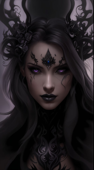 uma mulher com chifres e um rosto pintado de preto, arte de estilo fantasia escura, retrato de fantasia fosco detalhado, no estilo da arte da fantasia sombria, Fantasia sombria misturada com realismo, arte de fantasia sombria, retrato de fantasia escura, design de personagens de fantasia sombria, bela condessa elfa escura, arte de fantasia sombria, Gothic fantasy art, fantasia arte escura, rsrs, Retrato de uma ninfa de fantasia sombria