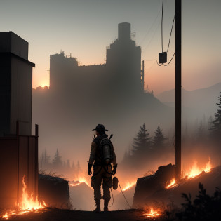 A desolate, post-apocalyptic scene consumed by industrial wildfire � rugged and wild plants weave in and out amidst the chaos. Dynamic ropes and cables criss-cross the foreground. 

[[(1 character)], thick gloves, goggles, (explorer outfit), silhouetted against the flames. Her or his expression is obscured, but their pose conveys a sense of exploration and determination. Shot from below. [((1 thumbnail)), (rugged silhouette)], [((1 thumbnail)), (tattered campsite)]].

[[(1 character)], (rung 2 gas mask), (rugged outfit), carrying a large backpack and powerful flashlight, emerges from the smoke. The beam of their flashlight illuminates plants and ruins alike. Shot from the side. [((1 thumbnail)), (intricate ruins)], [((1 thumbnail)), (abandoned factory)]].

[[(1 character)], wearing a (burned-out hat), (mask), and (rugged outfit), drops out of the sky via parachute, her or his face masked by shadows. Shot from above. [((1 thumbnail)), (burnt out forest)], [((1 thumbnail)), (dramatic sunset)]].

[[(1 character)], (rugged outfit), (net armor) glistening in the searing heat, deftly navigates a metal maze, the flames seething below him or her. Shot from a distance