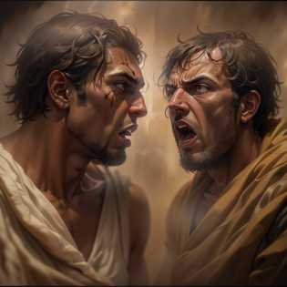 Imagem intensa e hostil retratando a rivalidade entre Caim e Abel, Two brothers of the biblical narrative. Facial expressions of anger and envy in both, reflecting your negative emotions. Cores e sombras criando atmosfera tensa e hostil. Symbolic Elements, como cajado e oferendas sacrificiais, ressaltando as origens da rivalidade. Possible physical or verbal competition, enfatizando sua natureza agressiva. Narrative details that precede fratricide, such as the moment before the murder or the presence of an object that will become the weapon of crime. Focus on the intensity of the rivalry and emotional conflicts between siblings before the tragedy that will change their lives.