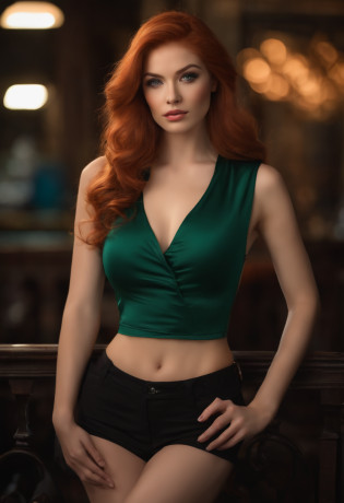 professional, (4k photo:1.1) by (Jeremy Lipking:0.3), (Dittmann Anna:0.3), (Arian Mark:0.3), (Sharp focus:1.3), high detail, wearing (tight shirt:1.2), beautiful detailed face, an attractive woman with long red hair looks into the camera, looking like actress Katherine McNamara, panasonic lumix s pro 50mm f/1.4, anne stokes, color splash, dark orange and dark emerald, ferrania p30, photo realistic, (attractive young woman:1.3), (seductive:1.1), (blushing:1.1), hourglass body shape, big round breasts, wide hips, in background city