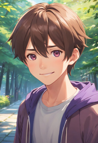 (highres,ultra-detailed,realistic:1.2),portraits,brown hair,courteous and brave young boy,14-year-old boy with light brown hair,wearing a purple Gi,his eyes are filled with sweetness,his smile radiates positive energy,soft skin