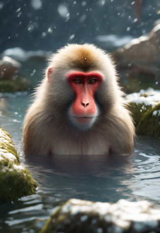 Japanese macaque?Heartwarming?Take a deep dip in your shoulders in the large open-air bath?Enter?Snow around