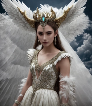 [silk wedding gown::16], modelshoot style close-up, solitary gorgeous mythical goddess, clear inquiring gaze, spread (eagle:1. 2) wings with intricate feathers, dramatic lighting, flying in the (clouds:1. 1), wearing horned crown, highly detailed folds and fabric, etheral, deamon horns, crystal reflections and refractions, realstic skin freckles, key light, rim light