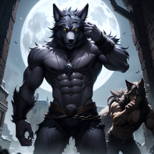 Werewolf Keywords? personification?male people?Male?Uncle???age?forceful?well-muscled?hairy?Mystical?Fictional creatures?Chimera Human-wolf shapeshifting abilities Wild beings Uncontrollable transformations Full Moon Effects Silver weakness Conflict and human conscience European Lore Fear and romance Fantastic elements Lore and folklore