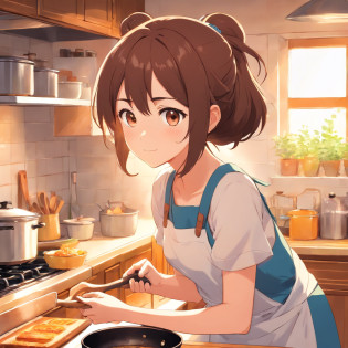 Flat anime style shading, anime woman, Anime-style characters, flat anime style,house wife?Have a frying pan, Brown hair, pinafore, Powerful Pose?kitchin, Powerful anime girl,illustratio?