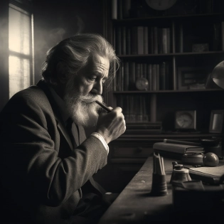 old writer smoking a pipe in his office, black and white, scary and dark, photorealistic, detail rich, 16k, atmospheric, photograph, cinematic, shot on Hasselblad H4D 200MS Digital Camera, Mitakon Speedmaster 65mm f/1. 4 XCD, Fresnel lighting, --v 5