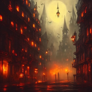 Halloween Street, creepy haunted city streets, glowing windows, Hyperdetailed, dark fantasy, magic, massive castle, Lucas Graciano, intracate detail, 8k octane, dynamic wide angle, �ar 3:4