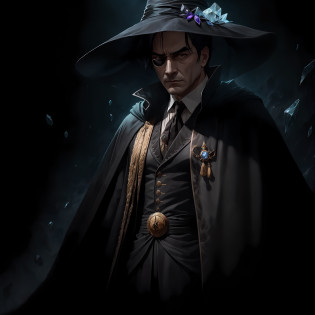 Wearing a black classical robe?Phantom wearing a pointed soft hat?This phantom has black hair?Dark eyes?wide forehead?Slim your face?Wearing a monocle carved from crystal --auto