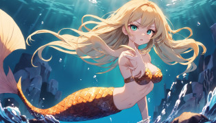 Mermaid girl anime, mermaids, Angry girl, Blonde girl, mermaids, waterpower, blonde flowing hair, flat anime style shading, anime woman, anime-style character, flat anime style, powerful posing, blond hairbl, Mermaid costume, powerful posing, aquatic, Powerful anime girl, Underwater?fish flocks
