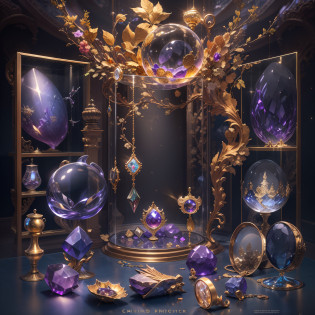 Purple gold color scheme??Full Focus?,Antiques in display cases?Jewelry in a display case?Crystal gemstones in display case,Gold and silver products,magic item?Magic light particle effect?High-tech luxury? High-value jewelry,?High-value metals?luxury goods?Puzzles are prohibited, Detailed and complex background, glittery, reflective light, hyper HD, Award-Awarded, A high resolution, High detail, Chiaroscuro, Cinematic lighting, Masterpiece, Ray traching?structurally correct, Super detail, High quality, High details, Best quality, 16k