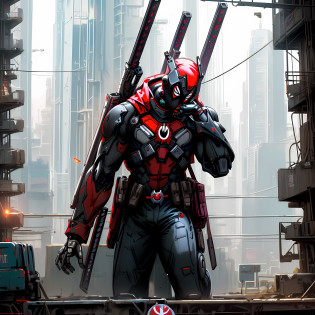 Dark_Fantasy, Cyberpunk, (Best Quality, Masterpiece), White, 1man, Mechanical Miracle, Robotic Presence, Cybernetic Guardian, Wearing a Cybernetic Jacket, Black and Red, Futuristic Deadpool from Marvel, (Cyborg), (Deadpool), City, Digital Art of the Highest Quality, Stunning Art, 4k Wallpapers, High Detailed, Warzone, Black & White, Highest Quality Digital Art, Stunning Art, 4k,8k,64k, HD Wallpapers, Ultimate Masterpiece,  dynamic lighting, cinematic, epic, damaged mechanical parts