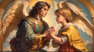 Closeup of an image of the archangel man are raphael praying and blessing a child, com belas asas grandes e bonitas, perfeito, Reslistic, Biblical setting, celestial scenery, sol e nuvens ultras realistas, flores e velas, Archangel Raphael illuminated from heaven, flores coloridas, velas acesas, Archangel St. Raphael blessing a child, a child at your feet, A man archangel St. Raphael, um anjo bonito e majestoso. The angel is above and the child is below looking at the archangel St. Raphael
