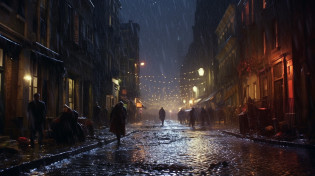 In 1999, pedestrians walk disheveled in a London neighborhood at night with torrential rain ,8K,UltraHD,detailed --ar 16:9