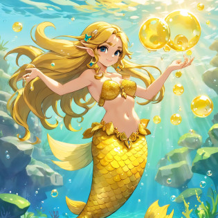 Mermaid, tan mertail covered in yellow bubbles, yellow top, puffy tan hair, masterpiece, best quality
