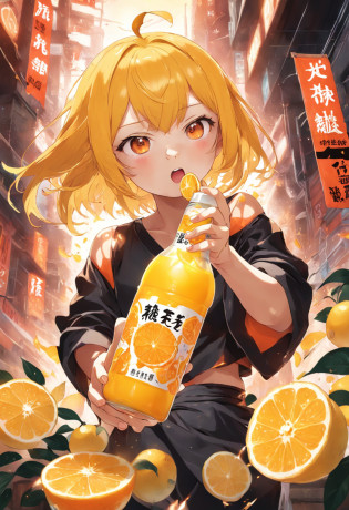 Someone is holding a bottle of orange juice with a sticker, drink, made of drink, it has lemon skin texture, lemon demon, Wang Chen, energy drink, qiangshu, made of lava, daoshu, ? ? ? ?, Fire punch, komono, zmonzheng