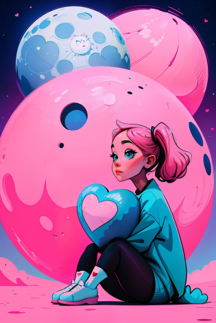 a cartoon girl sitting atop a large ball in front of a full moon, pink heart shaped craters on the blue moon, adorable digital painting, cute detailed digital art, digital anime illustration, cute digital art, cyril rolando and goro fujita, lois van baarle and rossdraws, cute art style , digital painting cartoon, sitting on a moon, beeple and jeremiah ketner, procreate illustrationo, pink heart shaped craters on the blue moon