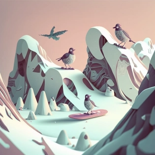 sparrow people ride snowboards in the marshmallow mountains
