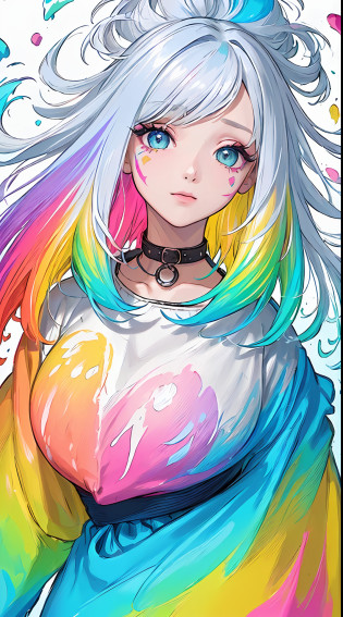 (Pink Fashion jacket?1.9)?(Colorful hair: 1.8), (all the colours of the rainbow: 1.8),(((((vertical painting?1.6))), ?painting?1.6??front, comics, illustrations, paintings, large eyes, crystal clear eyes,? rainbow color gradient high ponytail?1.7?, exquisite makeup, closed mouth,(Small Fresh: 1.5), long eyelashes, colorful jacket, looking at the audience, large watery eyes, (rainbow colored hair?1.6), color splash, ?solo?1.8?, color splash, color explosion, thick paint style, messy lines, ((shining))?(colorful), (colorful), (colorful), colorful, Thick Paint Style, (Splash) (Color Splash), Vertical Painting, Upper Body, Paint Splash, Acrylic Pigment, Gradient, Paint, Highest Image Quality, Highest Quality, Masterpiece, Solo, Depth of Field, Face Paint,  colorful jacket, (Elegant: 1.2), gorgeous,long hair, wind, (Elegant: 1.3), (Petals: 1.4)?(((masterpiece))),(((best quality))),((ultra-detailed)),(illustration),(dynamic angle),((floating)),(paint),((disheveled hair)),(solo),(1girl) , (((detailed anima face))),((beautiful detailed face)),collar, white hair, ((colorful hair)),((streaked hair)),beautiful detailed eyes,(Gradient color eyes),(((colorful eyes))),(((colorful background))),(((high saturation))),(((surrounded by colorful splashes))),