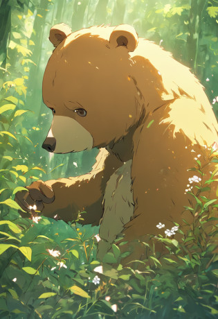 The bear eats honey?Close-up of the bear?Foraging in the forest?Soft grass?Surrounded by flowers?, Anime style, hyper HD, retinas, Masterpiece, Anatomically correct, Textured skin, High details, Super detail, High quality, Best quality, A high resolution, 16k