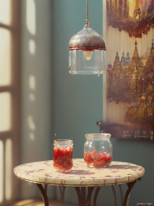 ((half empty Strawberry  jar of jam)),  jar is stained with jam, ((half empty jar)) , half empty jar, dirty jar,  (poster:1.6), (((jam spray)), paris Eiffel Tower,
(((jam flowing down the sides of the jar onto the table))), spoon on the table stained with jam,  (((pre-revolutionary Russian style)))
(high-tech interior style and futurism room),
intricately detailed, fine details, hyperdetailed, raytracing, subsurface scattering, diffused soft lighting, shallow depth of field, Intricate, High Detail, Sharp focus bokeh, 
((((art by James Jeam, art by krenz cushart))))
