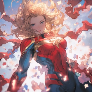 captain marvel floating in the sky, floating, Hyper-realistic pop, comiccore, cinematic, --niji