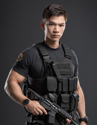 Half body, a military contractor, male, short Mohawk, trained body, tattoo, black combat suit, cargo pants, black tactical vest loaded with magazine, black holster loaded with pistol, tactical boots, black SUV background