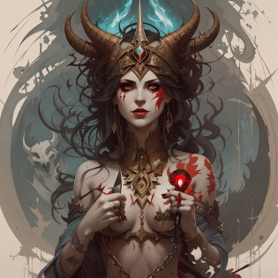 arafed woman with horns and blood on her body holding a knife, in style of peter mohrbacher, peter mohrbacher style, graphic artist peter mohrbacher, peter mohrbacher'', karol bak and peter mohrbacher, pete mohrbacher, style of peter mohrbacher, peter mohrbacher artstyle