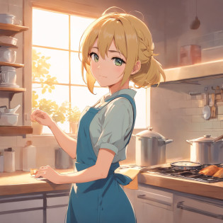 Flat anime style shading, anime woman, Anime-style characters, flat anime style,house wife? Powerful poses, blonde� hair, pinafore, Powerful Pose Kitchen, Powerful anime girl,