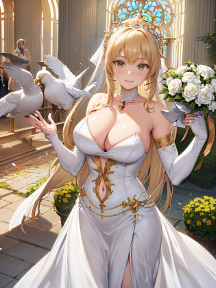 Masterpiece, Best Quality, Official Art, (Highly Detailed CG Unity 8k wallpaper), Detailed background, (Hands by Guido Daniele: 1.1), Feet out of frame, First Person View, 1, Beautiful woman who is attractive and perfect, Blessing Woman, (Curvaceous), (Standing), (((Outstretched hand: 1.4, Upturned palm: 1.14)))), ((Goddess: 1.4, Beautiful Angel: 1.4, Big Angel Wings))), (Bridal Gauntlet, Gorgeous Pure White Dress, Pure White Large Skirt, Gold Ornaments, Bridal Garter, Bridal Legwear, White Thighs: 1.12), (Blonde Long Hair: 1.12), (Ahoge: 1.13), (High Ponytail: 1.12), (Green Eyes: 1.13), Look at the Beholder, Big, (cleavage), Beautiful Face, (Blush (1.11), (Smile: 1.11), Indoor, (Wedding), Church, (Sunlight shining through stained glass), (Flower garden, countless bouquets, soaring petals, beautiful flower decorations), (((Bouquet of blessings: 1.4, Blessing bells, luxurious blessing venue, beautiful white birds flying)))