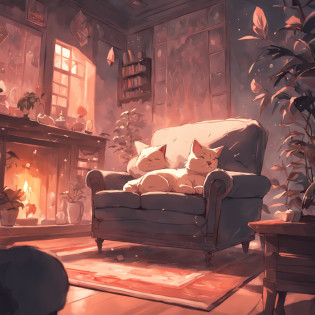 There was a cat lying on a chair in the room, cozy place, relaxing on the couch, cozy home background, a cat sitting in a chair, relaxing on the couch, inside a cozy house, sitting in the couch, cozy living room background, lo-fi illustration style, in a comfortable chair, at the sitting couch, sitting in the couch