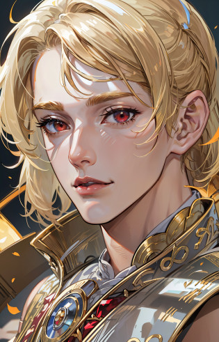 kk, best quality, more details, masterpiece, 1 boy, portrait, male focus, ruby red eyes, solo, straight bangs, look at the viewer, noble clothes, short and straight hair, ((fantasy city, palace))), highlights, (holding a silver sword), (((blond hair, gold, straight cut over shoulders, STRAIGHT))), luxurious, 8k, detailed, ray tracing, depth of field, cinematic lighting,