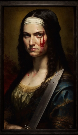 badass mona lisa directed by quentin tarantino, cinematic, realistic, detailed, staring at camera, katana as a weapon, blood --v 4 --q 2 --ar 9:16 --s 600