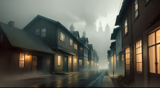 arafed view of a street with a foggy street and buildings, misty alleyways, misty alleyway, mist, misty ghost town, magical soviet town, misty atmosphere, foggy evening, foggy mood, fog, foggy dystopian world, foggy atmosphere, dusty street, misty mood, city fog, (mist), gloomy and foggy atmosphere, fog storm, gloomy foggy atmosphere