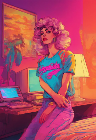 vintage 80s female mannequin wearing a 80s
Florida t shirt, in the shadows getting out of
bed, next to a lucite table with a Vaporwave
style ceramic coffee cup with coffee in it, inside
of a vintage Miami Vice themed bedroom, with
a neon flamingo lamp on the nightstand