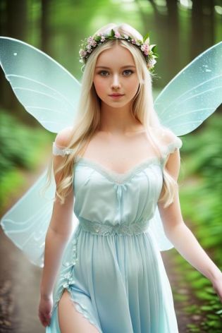 photograph of a gorgeous 20 year old Finnish fairy wearing a (split:1) (see-through:1) (powder blue flowing dress:1.2) and (delicate fairy wings:1.2), grinning, (looking at camera:1.1),  (raining:1.1), on a forest path:, proudly standing next to a nude portait of herself, by studio ghibli, masterpiece, 85mm, (from above:1.1), barefoot, (natural lighting:0.8), 8k, ((realistic)), f/2.8, bokeh, sharp eyes